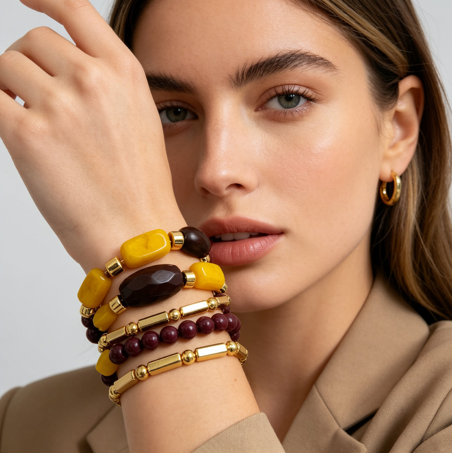 Pulseras de Moda en Resina y Aleación Dorada | Juego de 3 Piezas Amarillo y Borgoña | Joyería al Por Mayor|JI JOYA