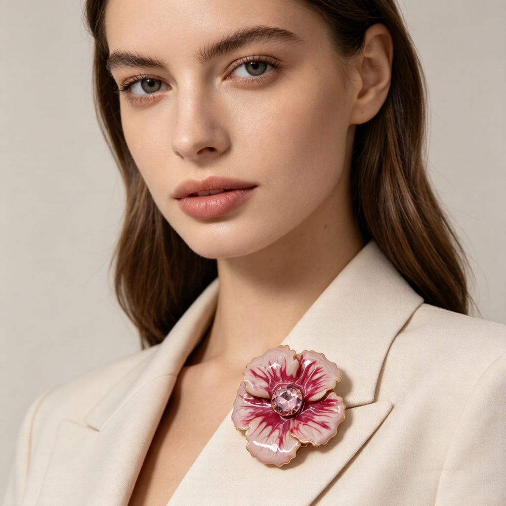 Broche de Flor Azul/Rosa de Esmalte con Cristal - Bisutería de Moda para Mujeres | Mayorista|JI JOYA