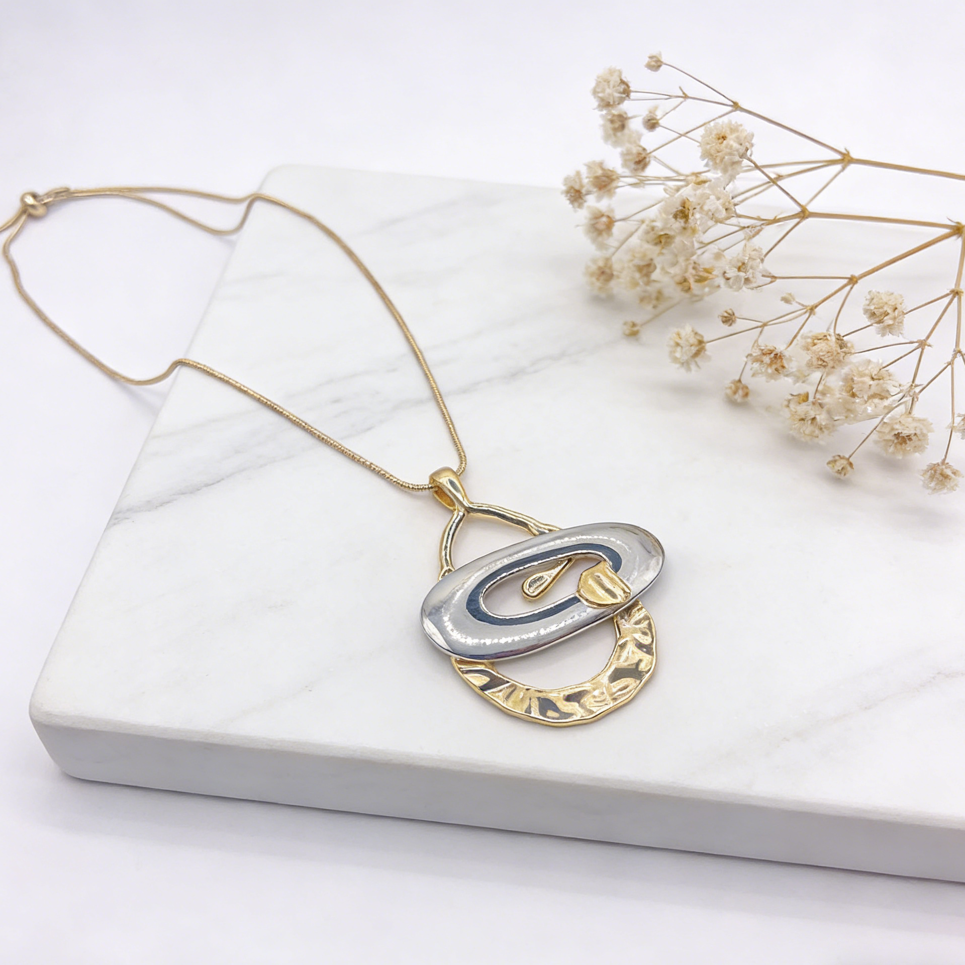 Two-Tone Geometric Pendant Necklace | Gold Silver Interlocking Statement Jewelry for Women