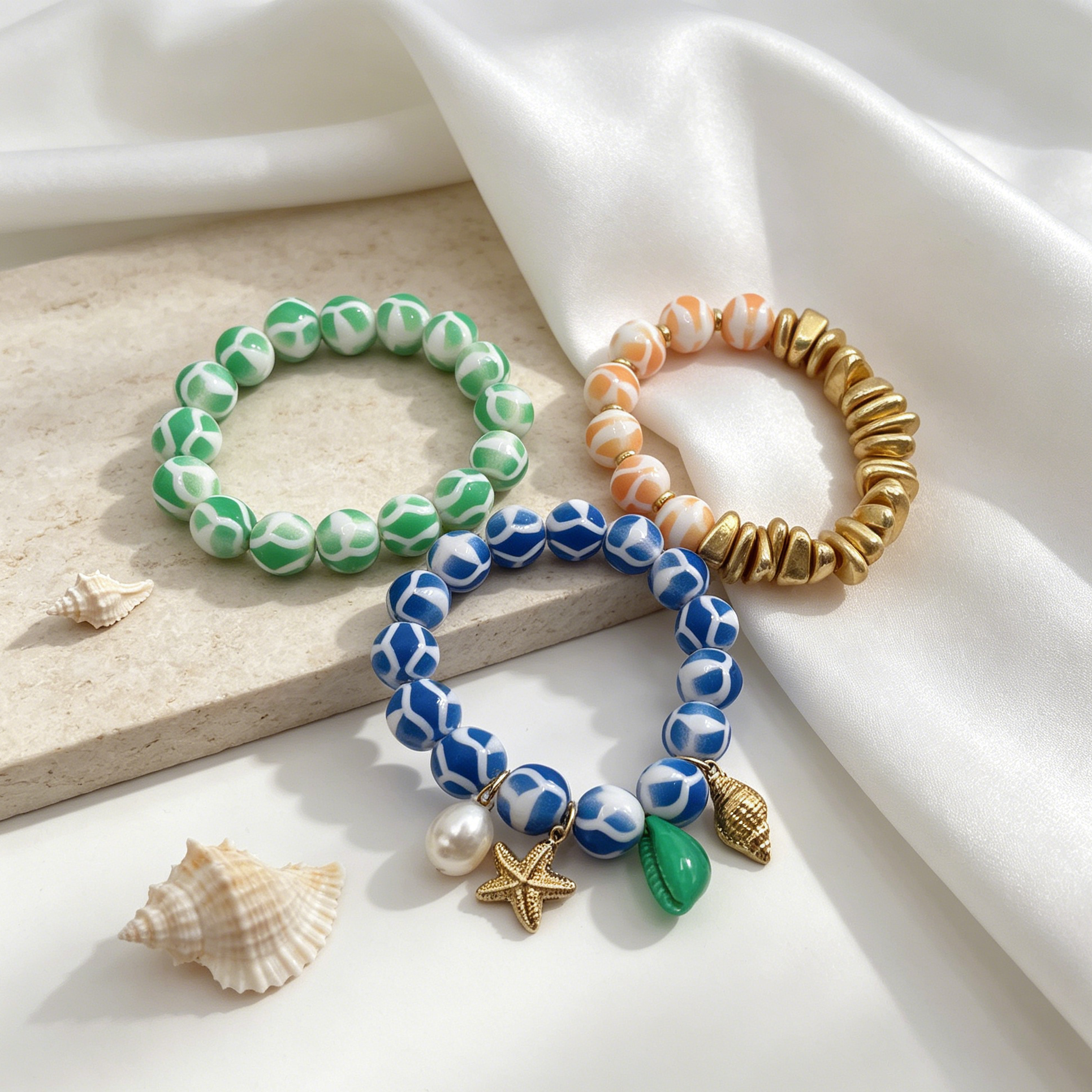 Pulseras de bolas de resina combinadas al por mayor, set de 3 pulseras de playa con accesorios marinos, joyería casual de verano para mujer|JI JOYA