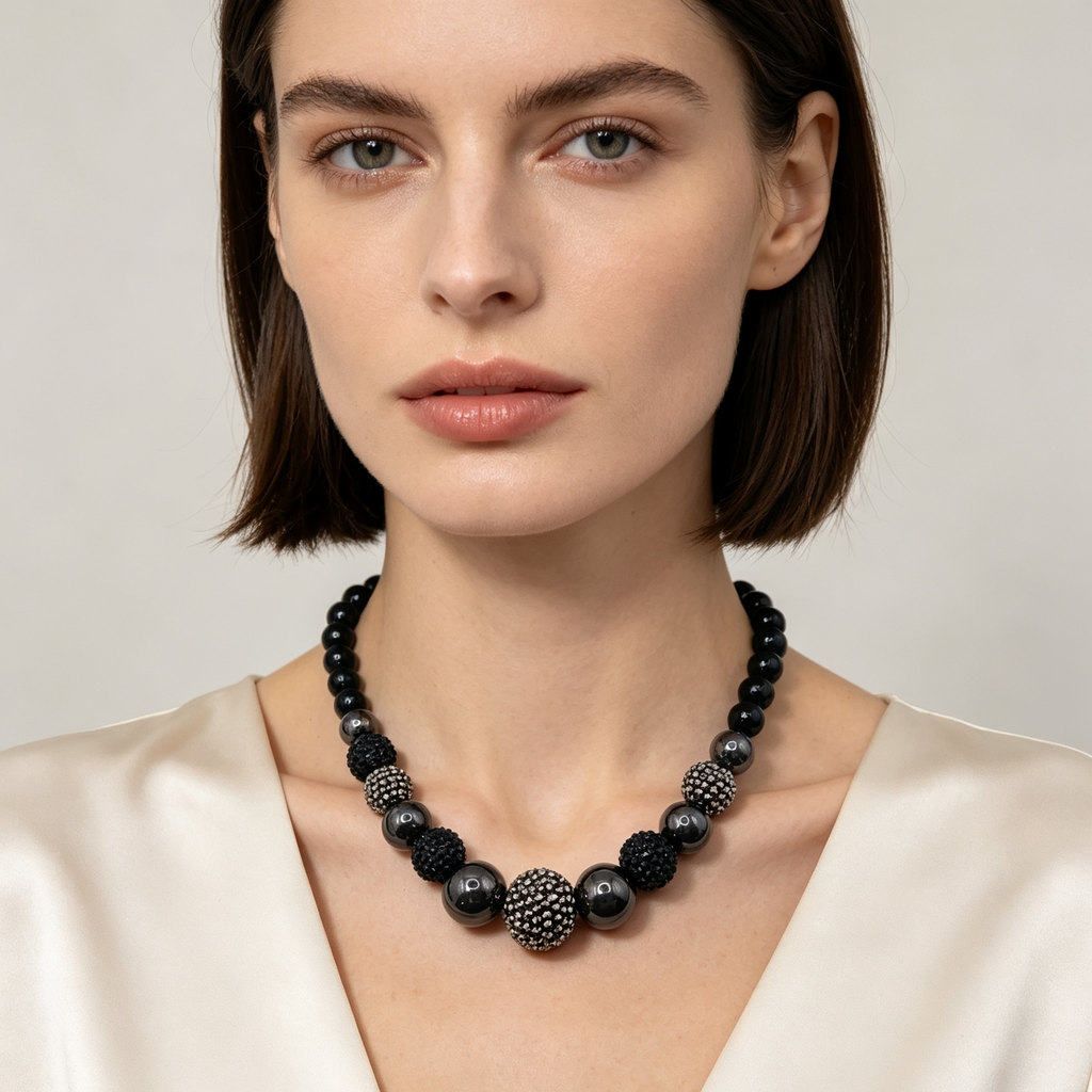 Collar de bolas negras con bolas strass, joya de moda mayorista