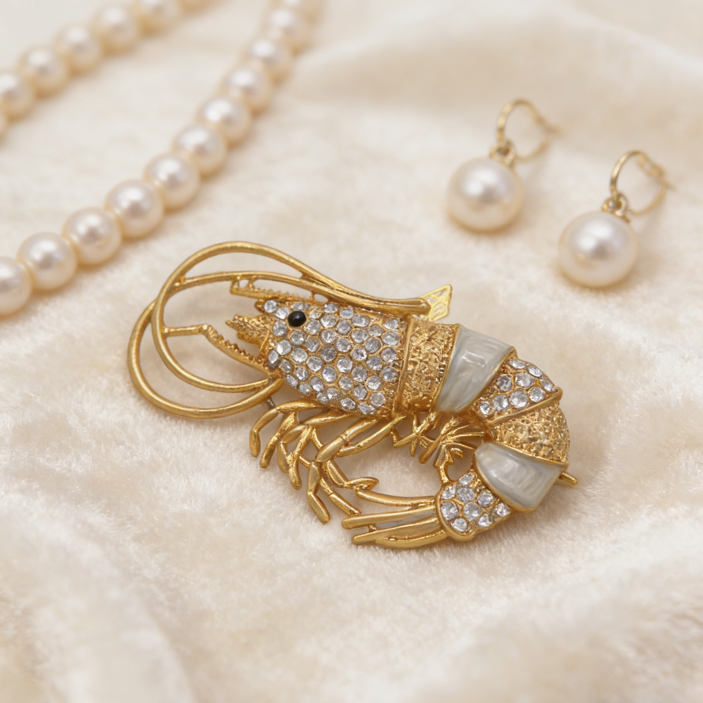 Broche de langosta con diamantes de imitación dorados | Broche vintage de cristal de lujo para mujer