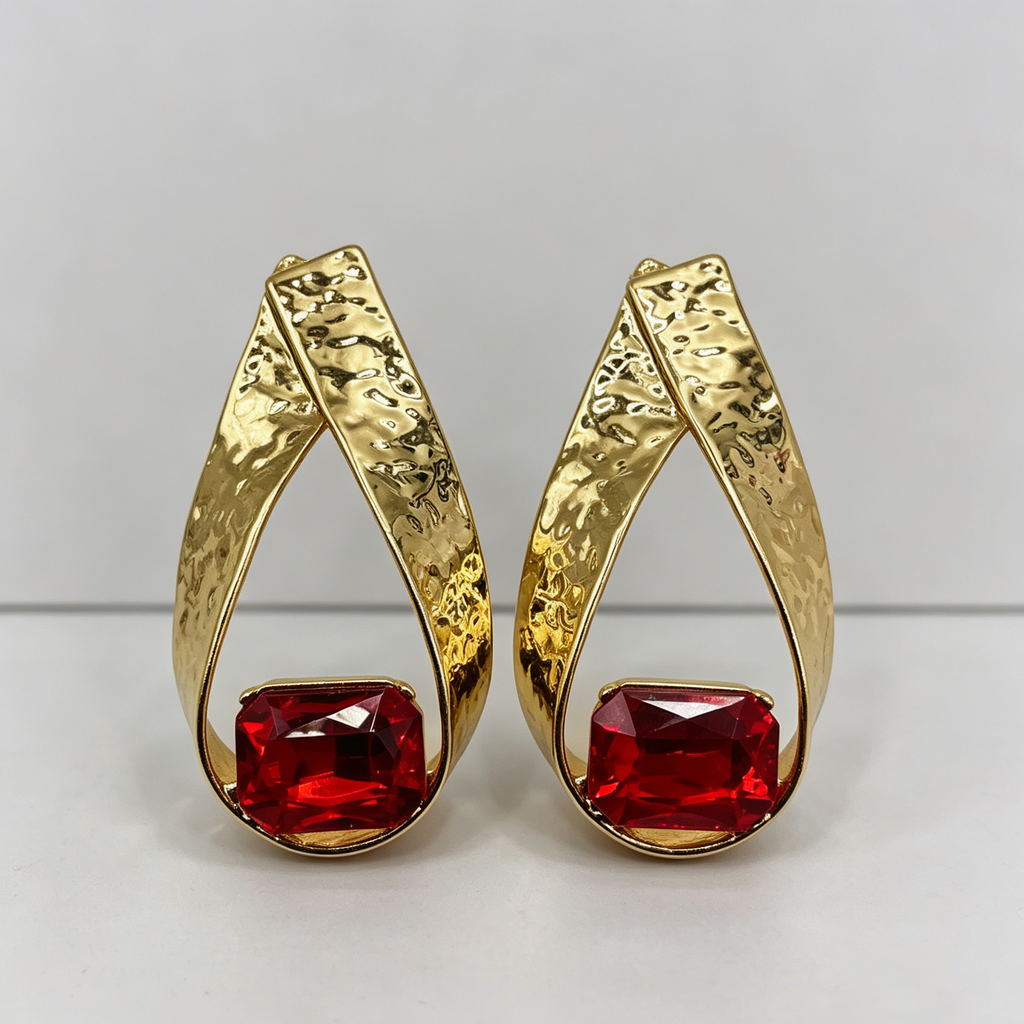 Pendientes de gota martillada con cristal rectangular - 2 colores (dorado/plateado) | Joyería mayorista|JI JOYA