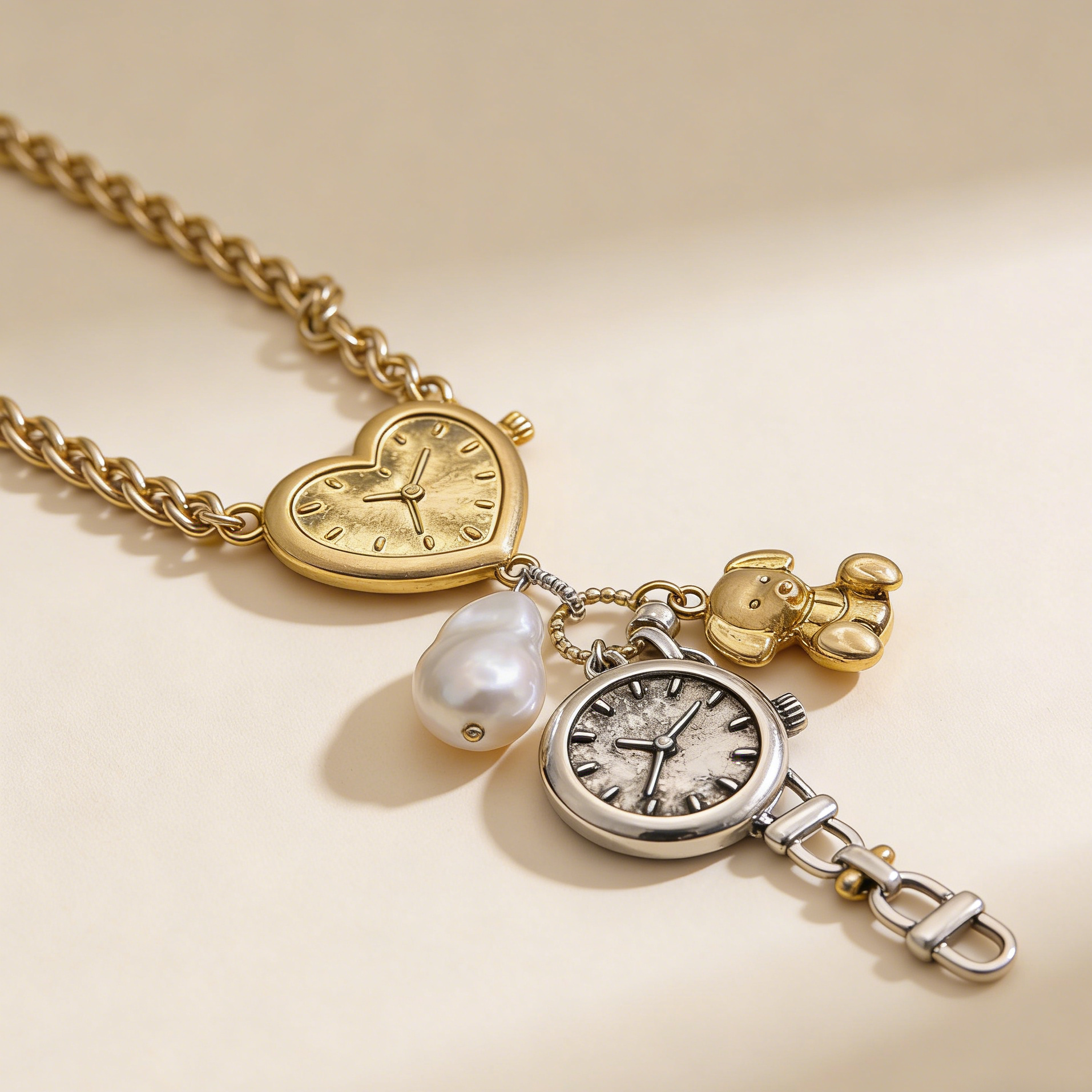 Collar vintage con dije de reloj de corazón | Collar con colgante de oso de perla de metal mixto para mujer | Collar retro con capas de oro y plata