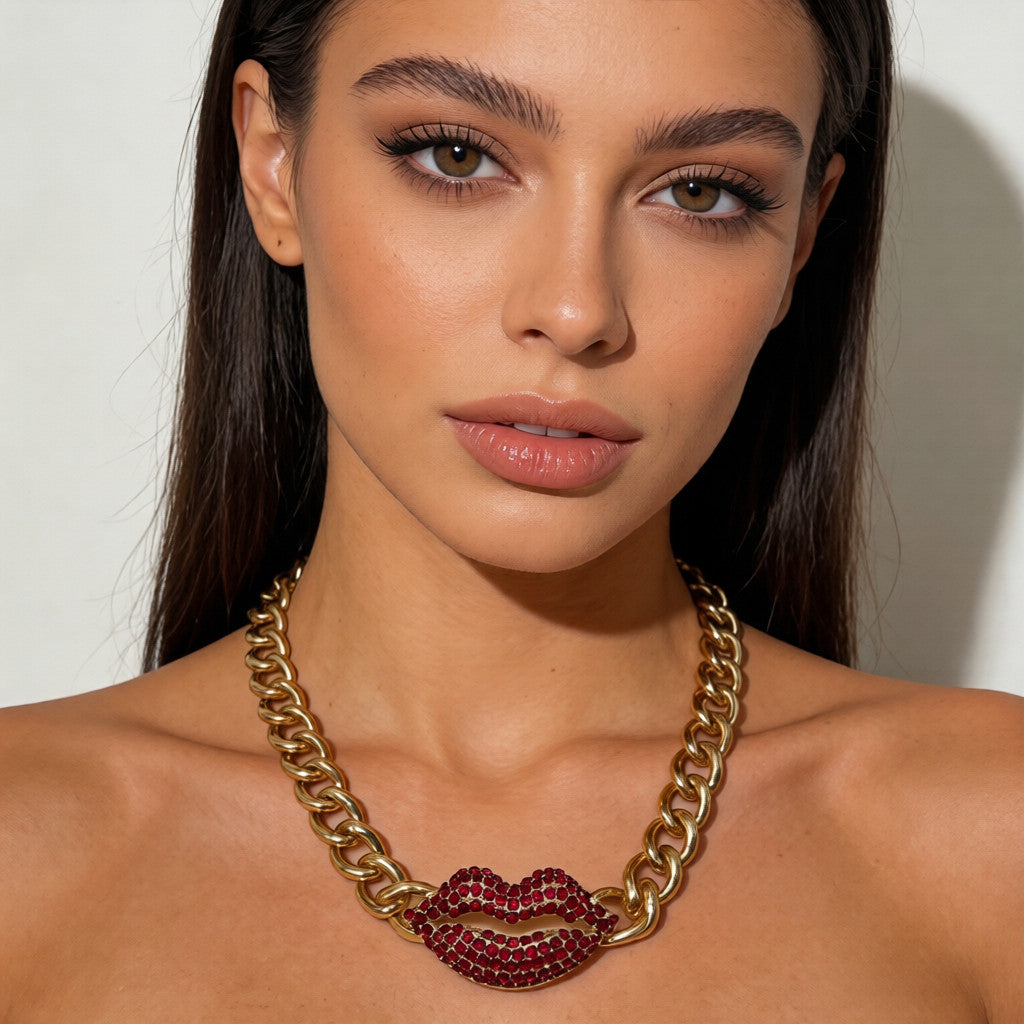 Juego de Joyería Bold Labios Rojos con Cristales - Collar de Cadena y Pendientes Statement