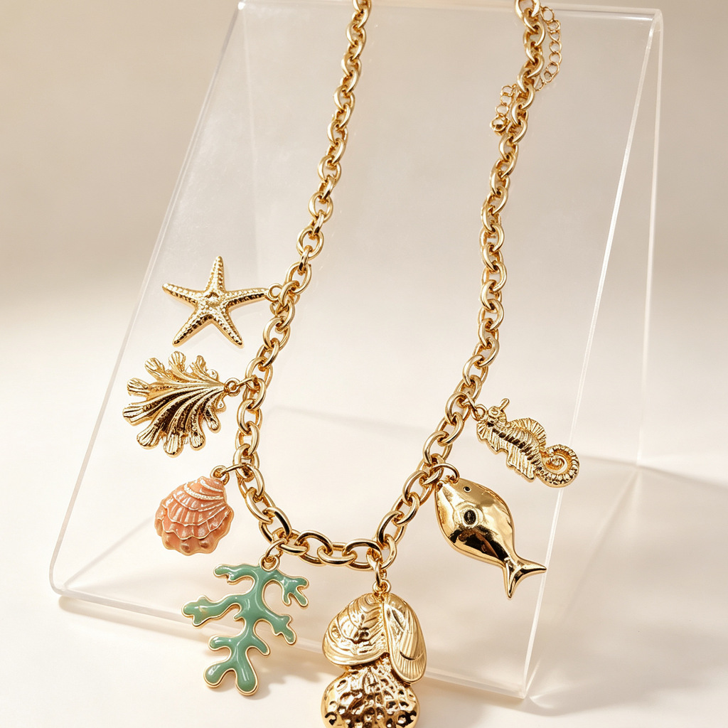Collar Dorado Temático Marino Colgantes Estrella de Mar Concha Coral Mayorista|JI JOYA