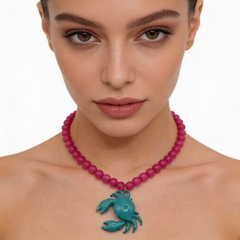 Collar único de cangrejo turquesa y cuentas rosas - Ideal para vacaciones