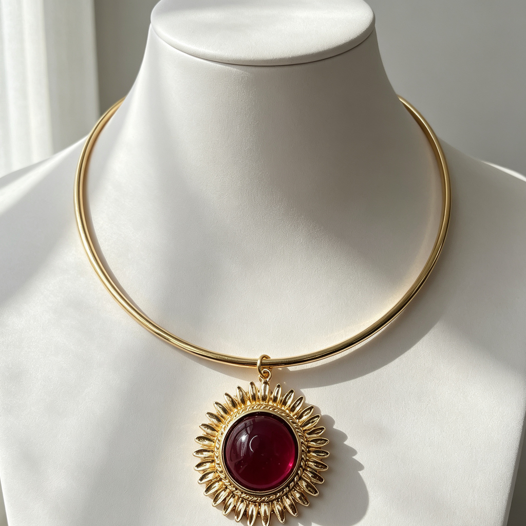 Collar Choker Sol con Piedra Cerrada, Collar de Metal Dorado, Accesorio de Moda al Por Mayor|JI JOYA