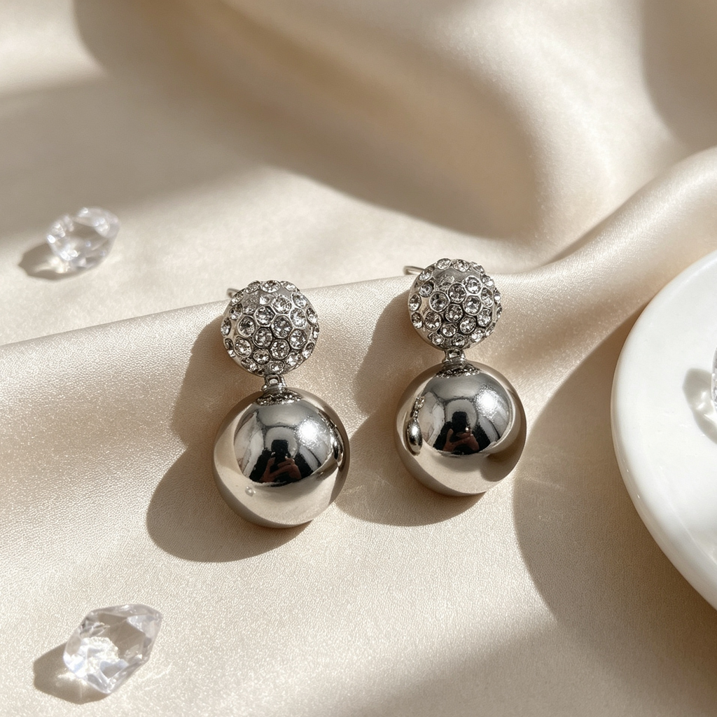 Pendientes Bola Doble con Cristales, Oro y Plata, Mayorista Joyería Moda|JI JOYA