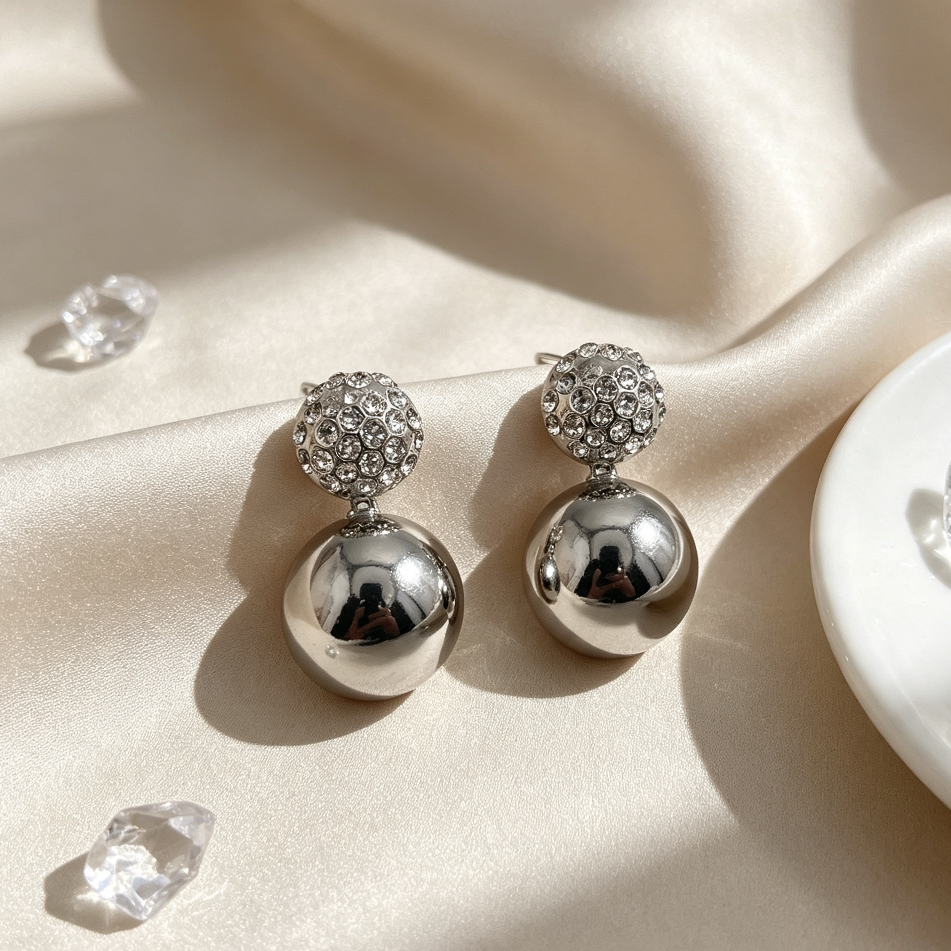 Pendientes Bola Doble con Cristales, Oro y Plata, Mayorista Joyería Moda|JI JOYA