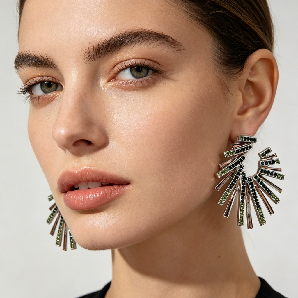 Pendientes Abanico Cristal Verde y Negro, Diseño Explosivo 2 Colores Plata/Oro, Mayorista Joyería Moda al Por Mayo|JI JOYA