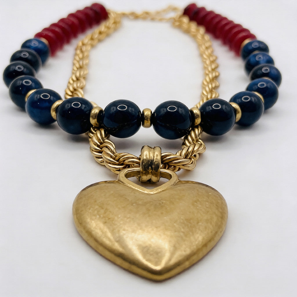 Collar vintage con colgante de corazón de cuentas y bloques de color | Cadena de clavícula multicapa con diseño de nicho | Cadena de clavícula multicapa estilo francés vintage