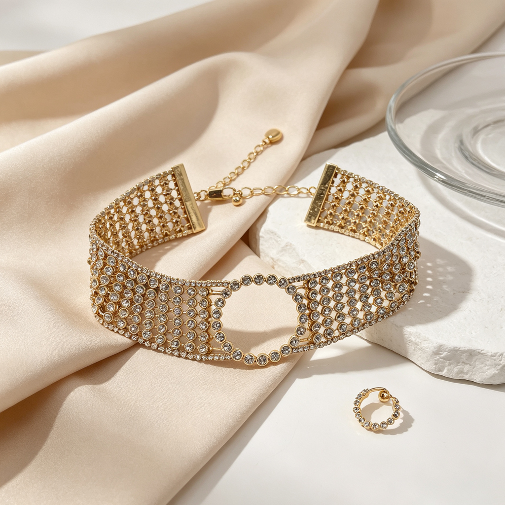 Gargantilla Ancha de Cristal Multicapa | Accesorio Fiesta Mayorista, Disponible en Dorado y Plata|JI JOYA
