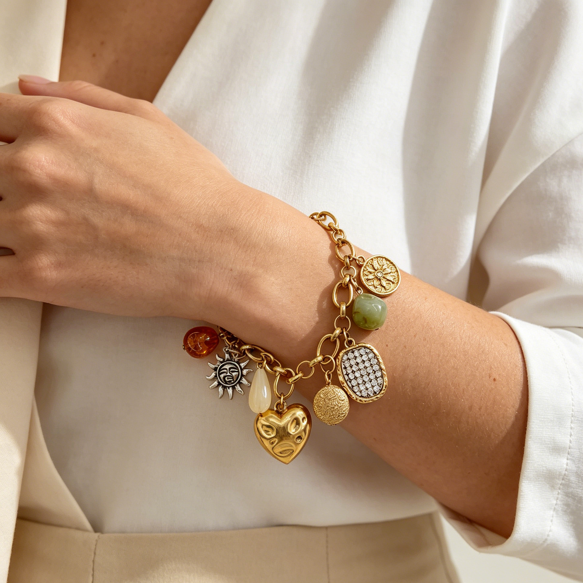 Pulsera Charm de Corazón Dorado Vintage, Brazalete Multicolis con Dijes Sol, Piedra Jade, Ámbar, Mayorista Joyería Mujer Moda Europea|JI JOYA