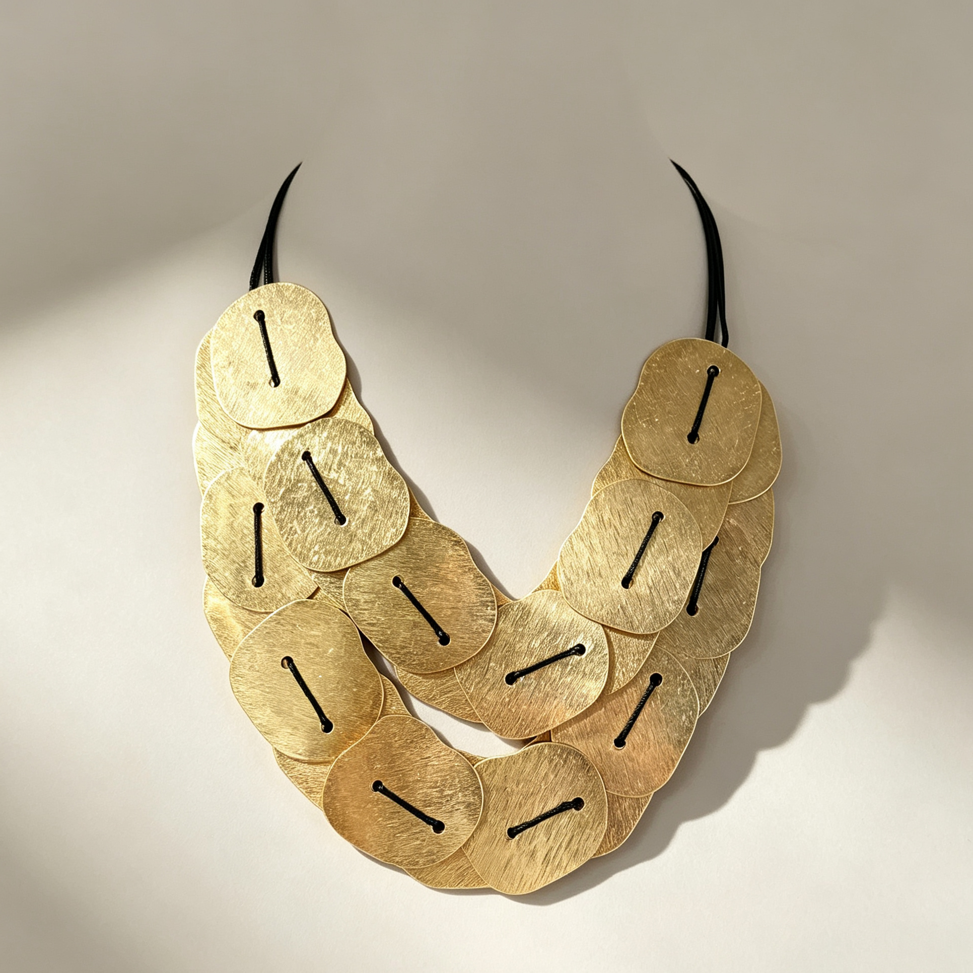Collar de Láminas Metálicas Doradas de Doble Capa, Gargantilla Boho con Cordón Negro, Joyería Mayorista para Mujer|JI JOYA