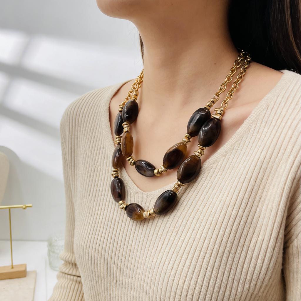 Collar de resina jaspeada azul|marrón ámbar medianoche de doble capa | Joyería llamativa de oro macizo