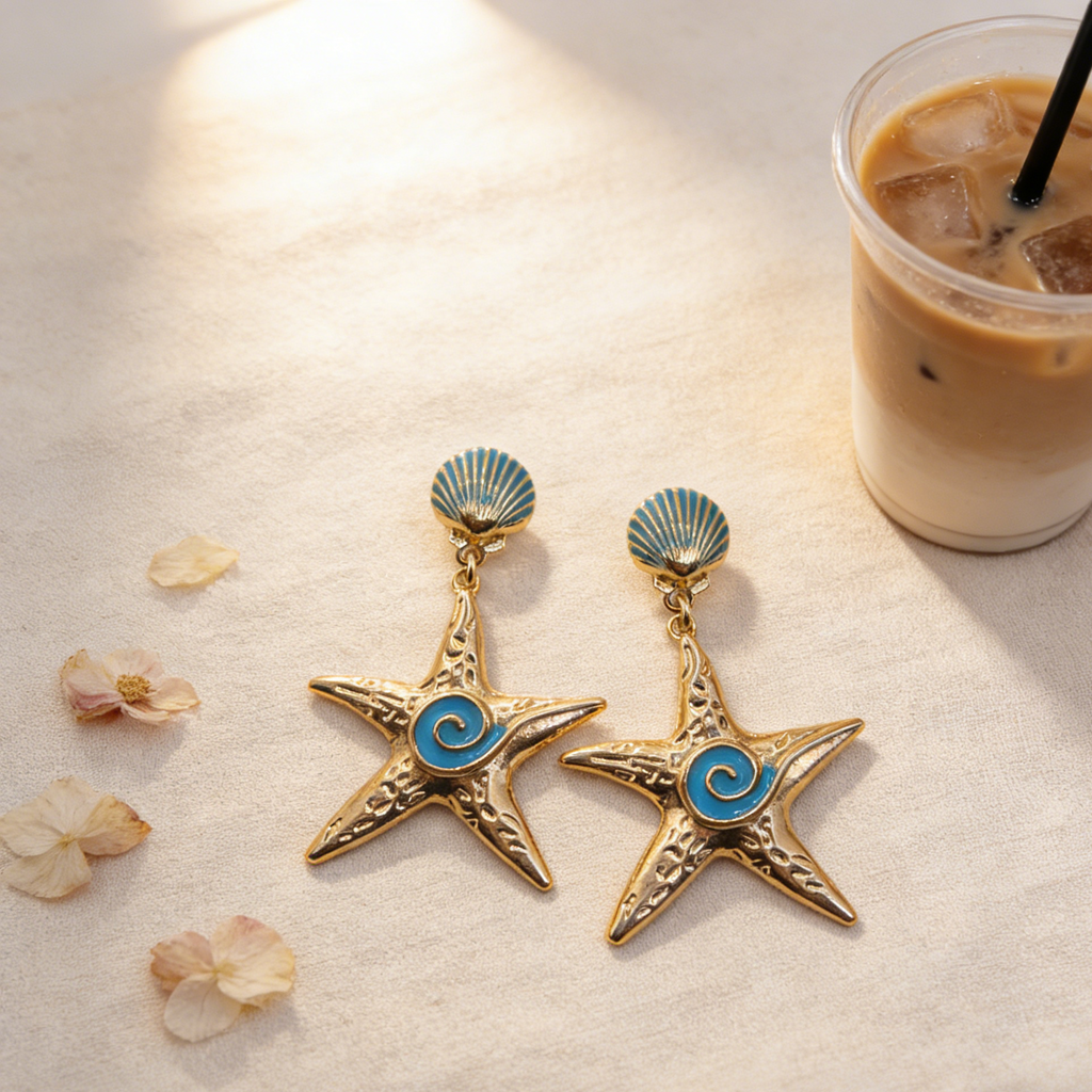 Pendientes Estrella de Mar y Concha Marina en Tono Dorado con Esmalte Azul - Estilo Costero Boho|JI JOYA
