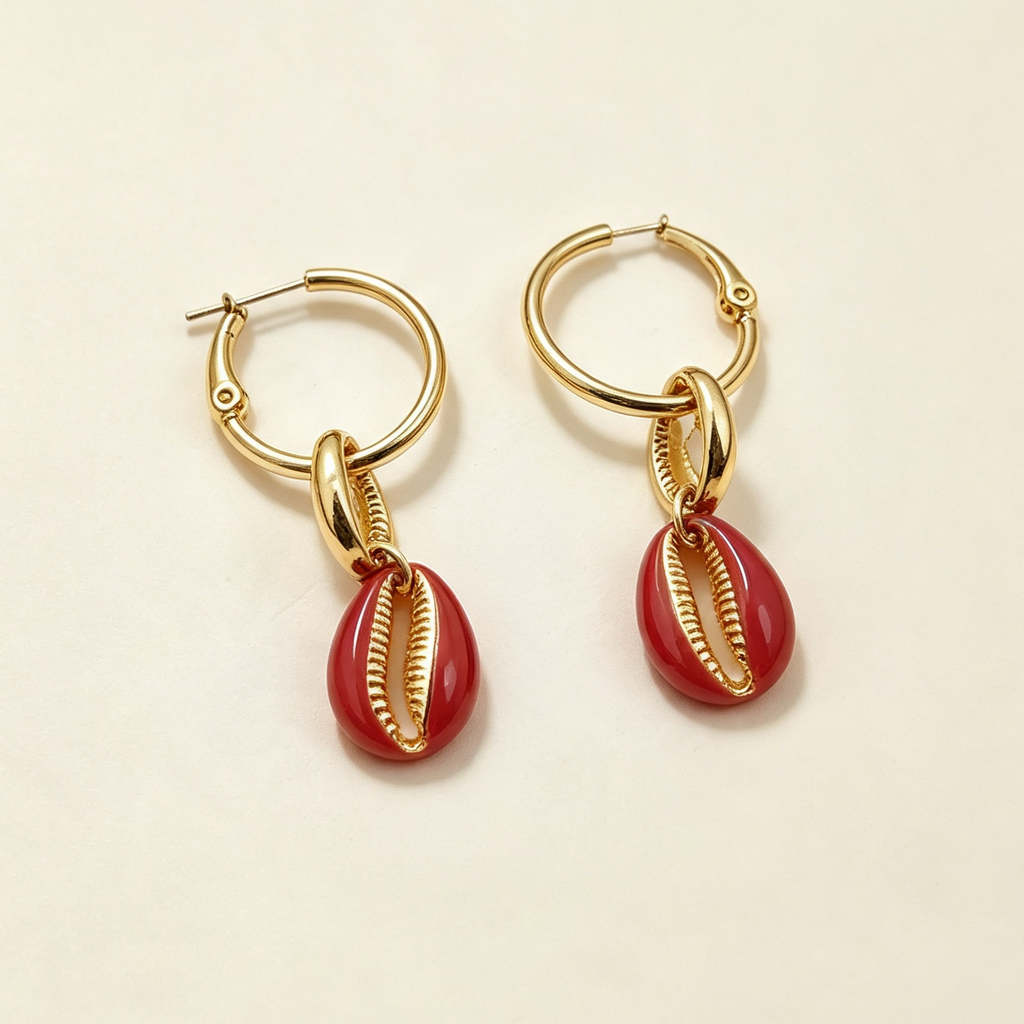 Pendientes Aro Con Colgante Concha Roja Dorada | Joyería de Moda Verano Mayorista|JI JOYA