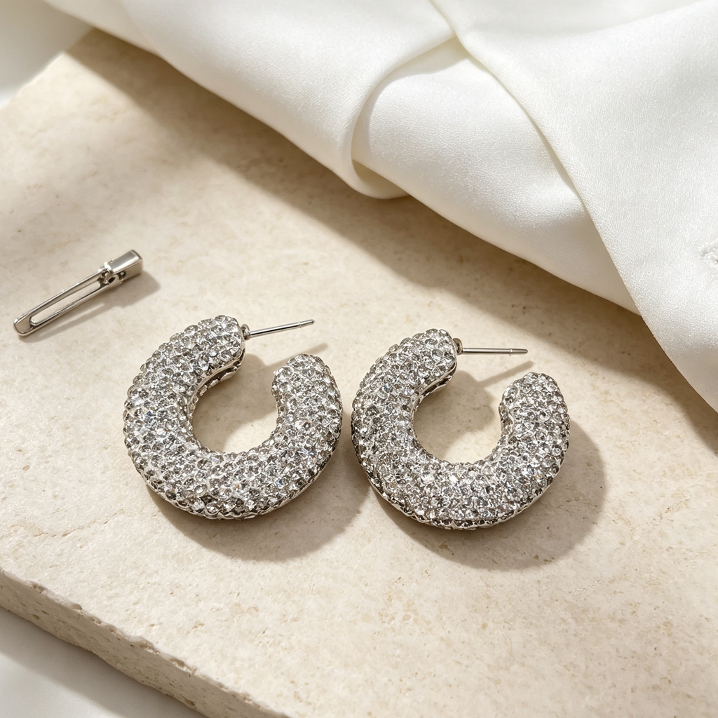 Pendientes Aro C Grueso Cristal Brillante | Mayorista Moda Joyería|JI JOYA