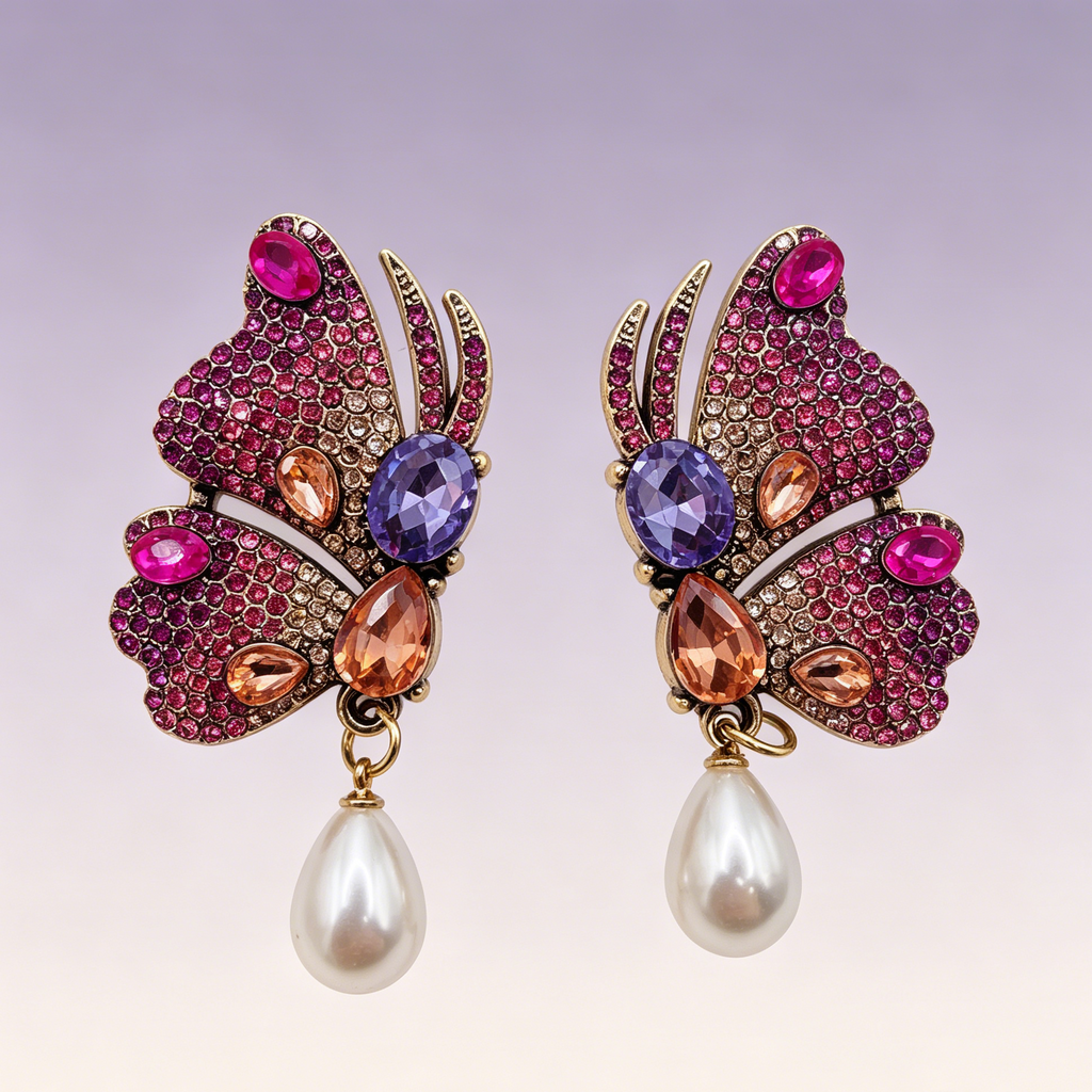 Pendientes Mariposa Vintage con Cristales Multicolor y Perla de Gota | Joyería al Por Mayor para Mujer|JI JOYA