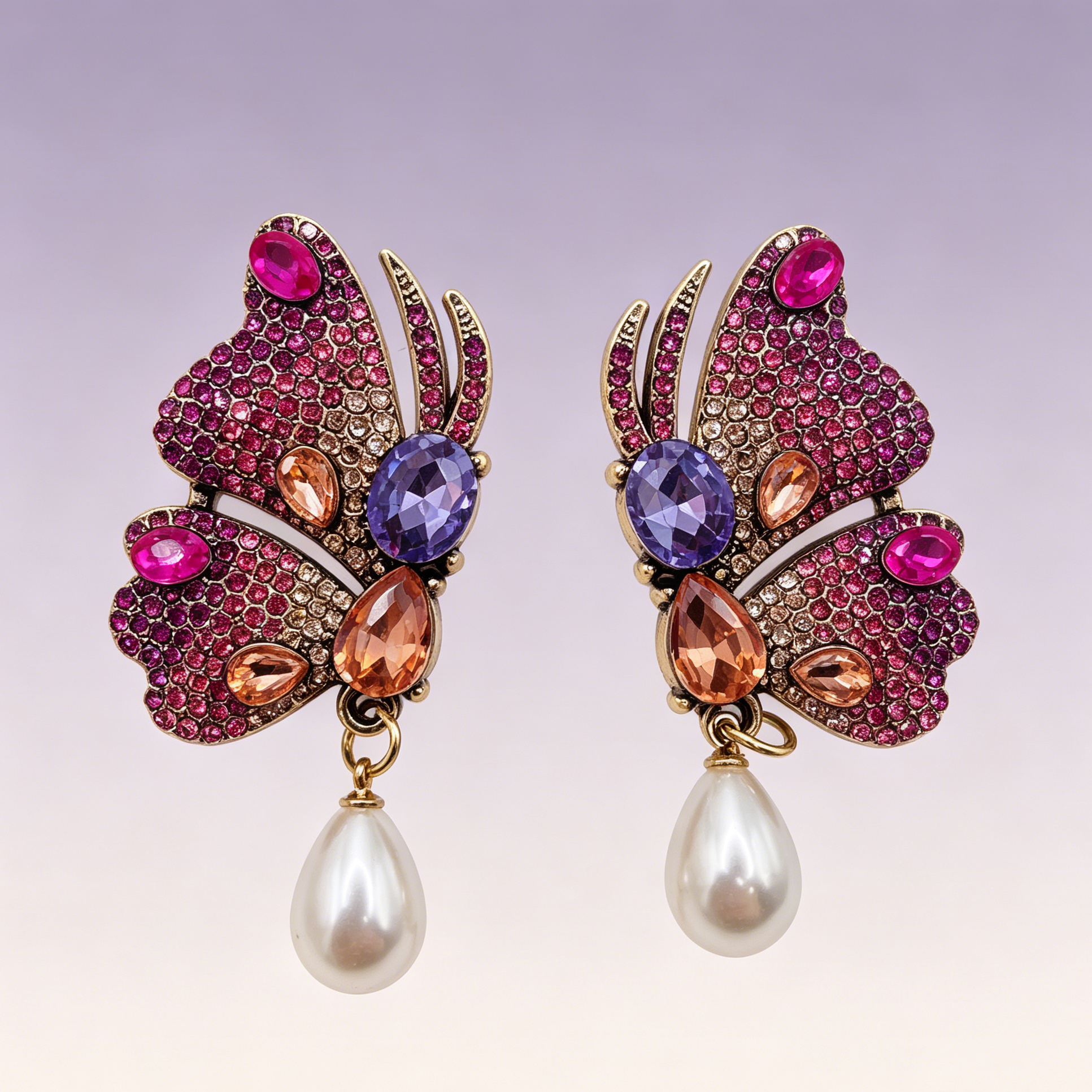 Pendientes Mariposa Vintage con Cristales Multicolor y Perla de Gota | Joyería al Por Mayor para Mujer|JI JOYA