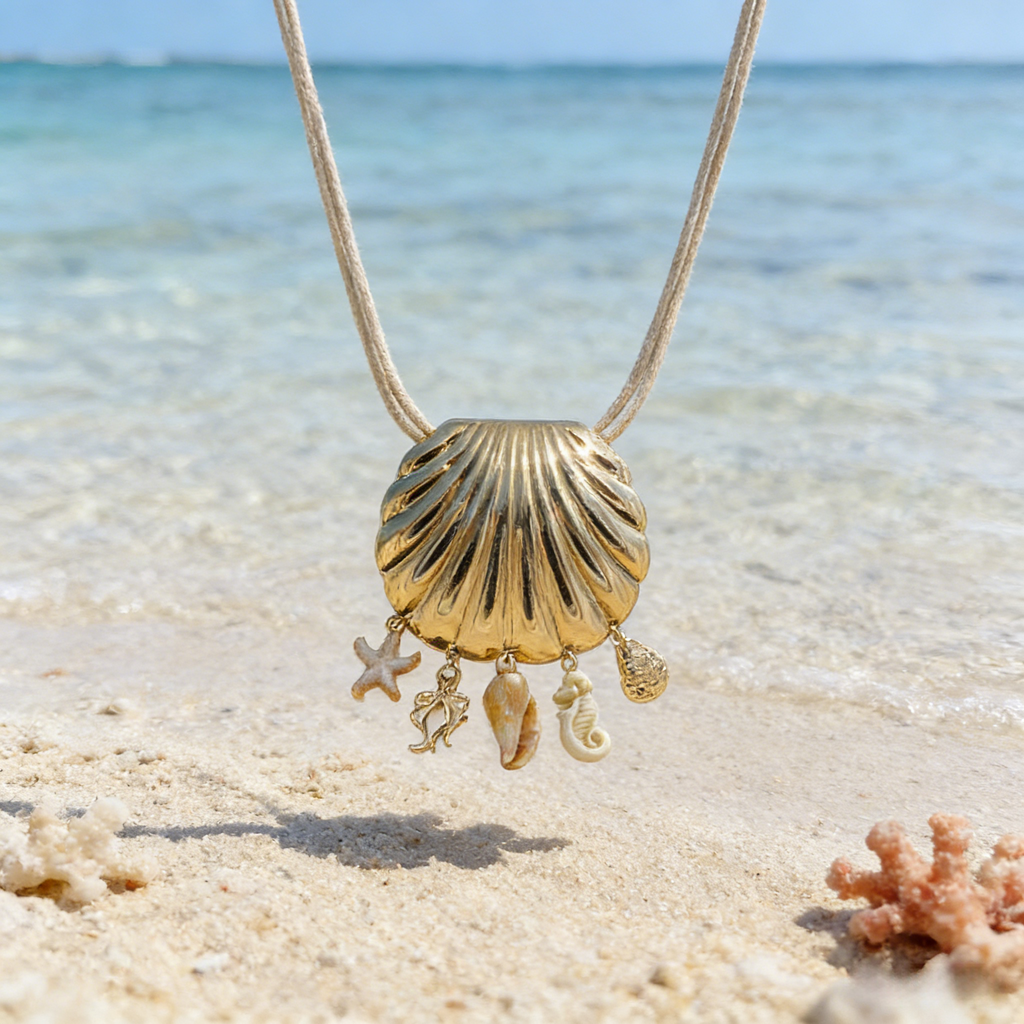 Gargantilla de conchas doradas con cordón en capas | Collar bohemio playero con dijes de estrellas de mar y caballitos de mar