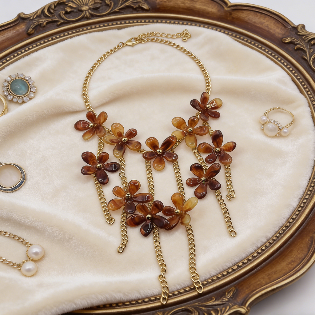 【Amuleto Floral Primaveril】Conjunto de joias com borlas florais retro: colar, brincos e pulseira de design único (conjunto de 3 peças)