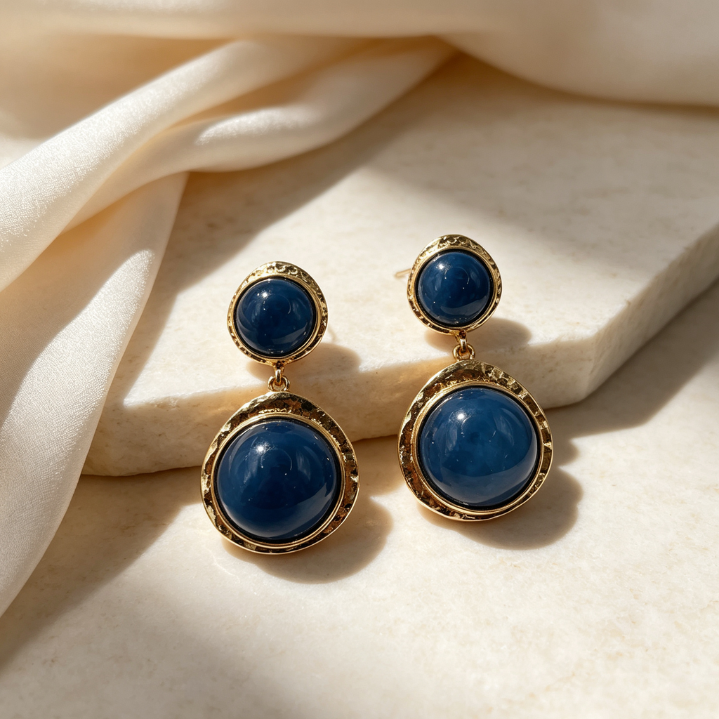 Pendientes colgantes de doble piedra redonda, metal dorado martillado, accesorios de joyería mayorista|JI JOYA