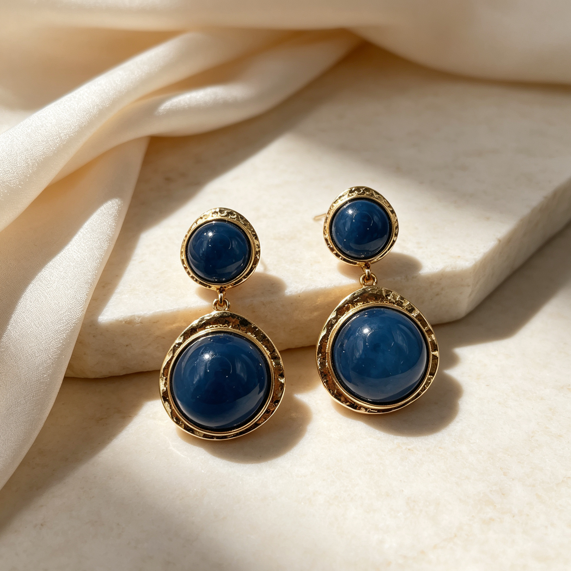 Pendientes colgantes de doble piedra redonda, metal dorado martillado, accesorios de joyería mayorista|JI JOYA