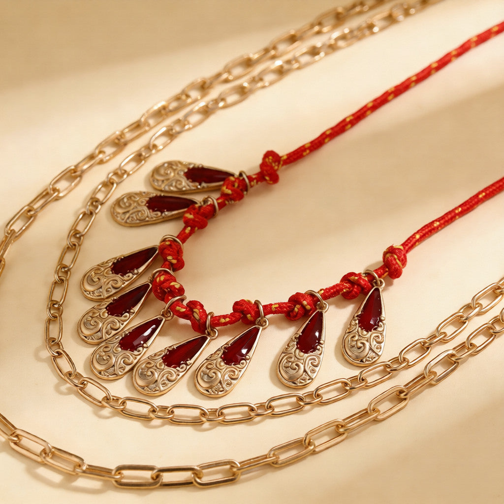 Collar de Declaración con Dijes de Piedra Roja/verde y Capas de Cadena Dorada | Boho Chic