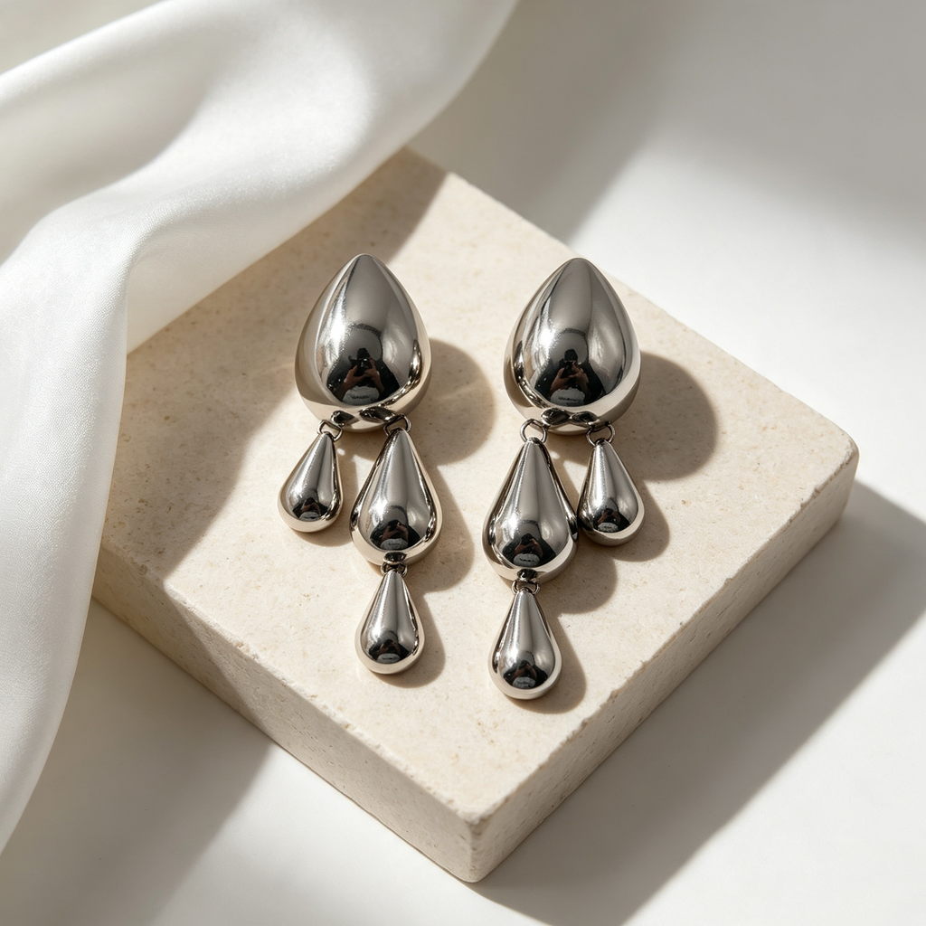 Pendientes gotas colgantes metal plata acero inoxidable | Mayorista JI JOYA