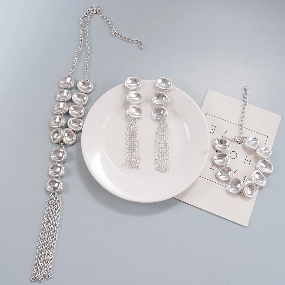 Conjunto de joyas con borlas de plata/dorado | Collar, pendientes y pulsera con disco grueso