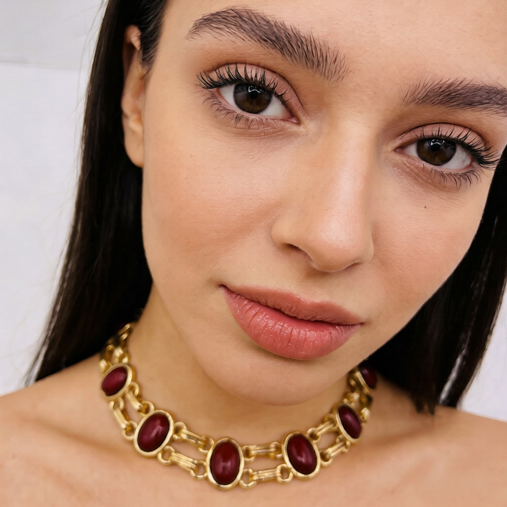 Conjunto de Joias de Corrente de Ouro com Pedras Ovais - Colar e Pulseira