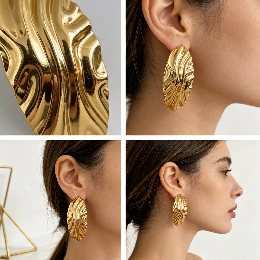 Aretes Grandes de Metal con Textura Ondulada, Dorado y Plata | Joyería Moda al Mayoreo para Mujer|JI JOYA