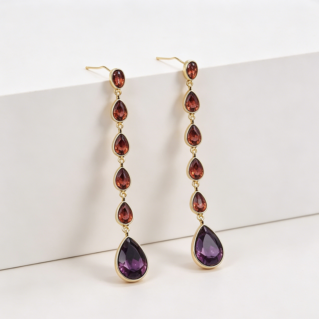 Pendientes Largos de Gota Degradada con Cristales - Joyería de Moda Dorada, 2 Colores, Venta al Por Mayor|JI JOYA