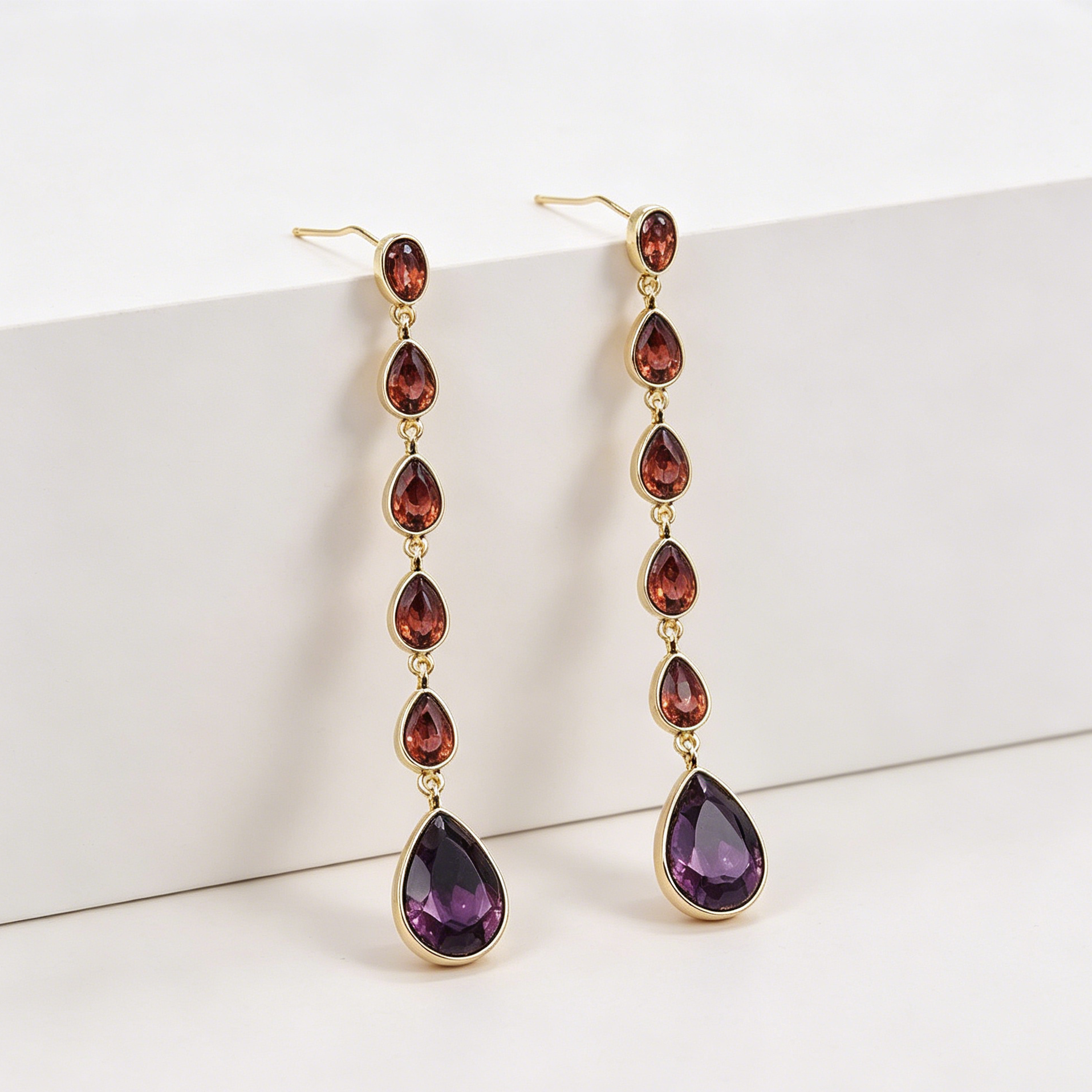 Pendientes Largos de Gota Degradada con Cristales - Joyería de Moda Dorada, 2 Colores, Venta al Por Mayor|JI JOYA