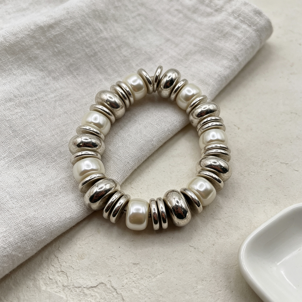 Pulsera elástica perla barroca con cuentas metálicas dorada y plateada, mayorista accesorios joyería moda|JI JOYA