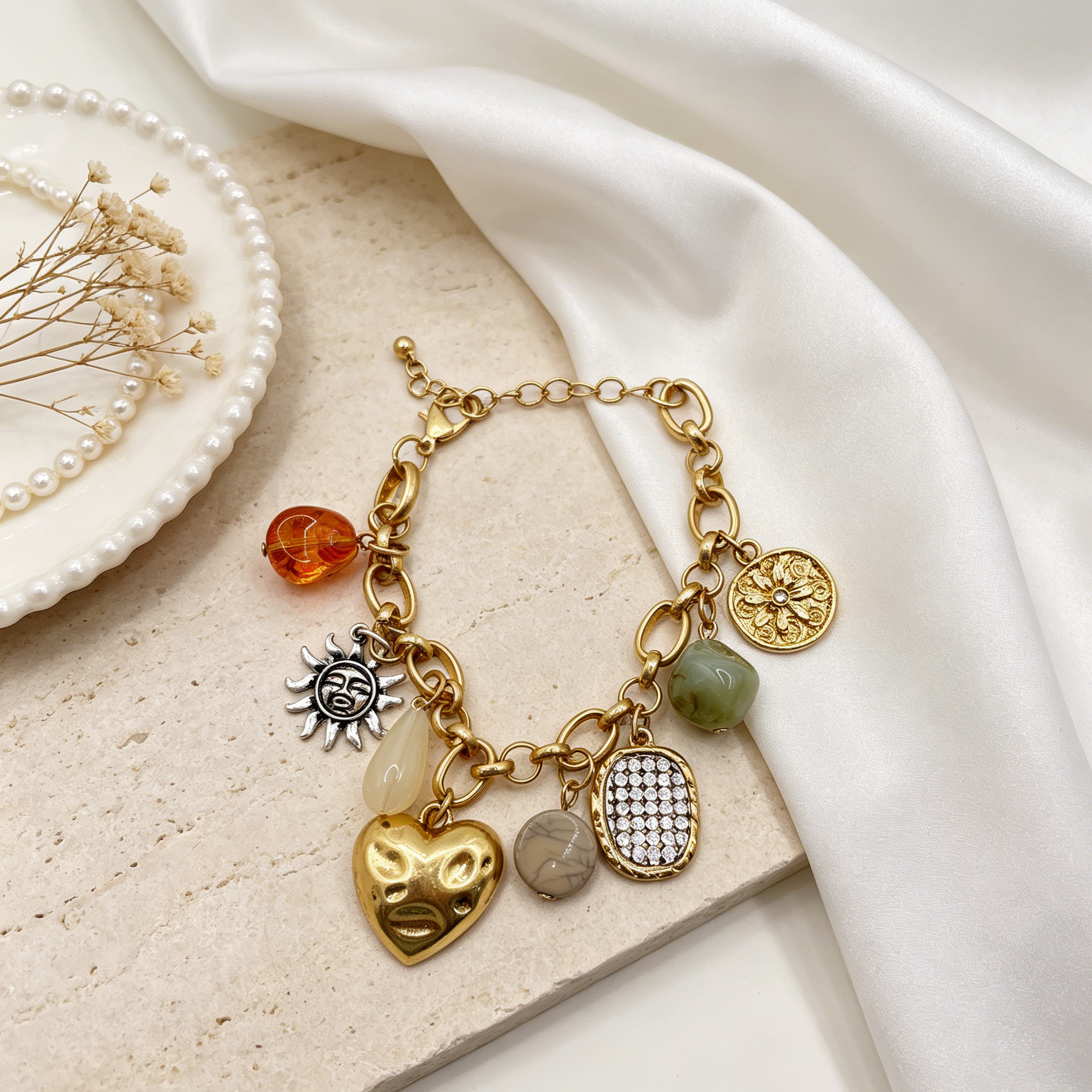 Pulsera Charm de Corazón Dorado Vintage, Brazalete Multicolis con Dijes Sol, Piedra Jade, Ámbar, Mayorista Joyería Mujer Moda Europea|JI JOYA