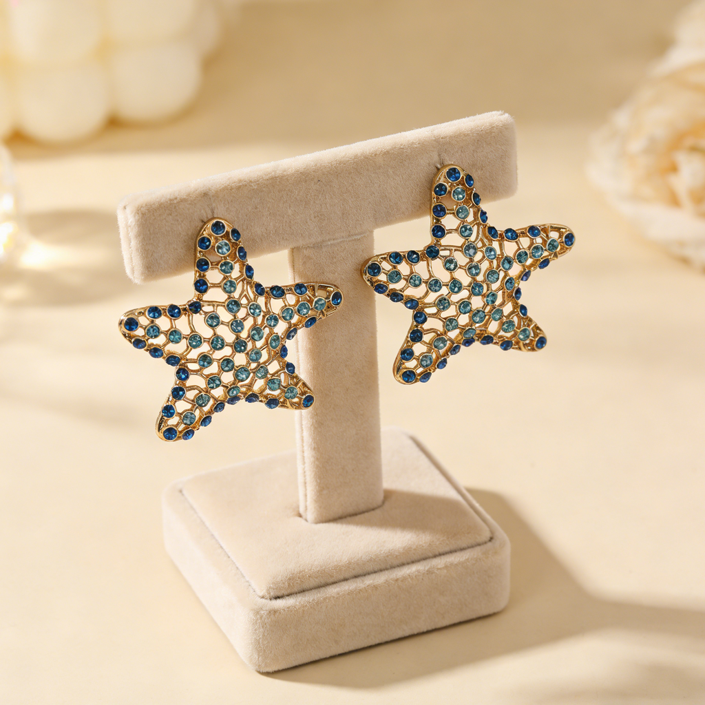 Pendientes Estrella de Mar con Cristales Azules | Accesorio Dorado de Moda para Vacaciones en la Playa