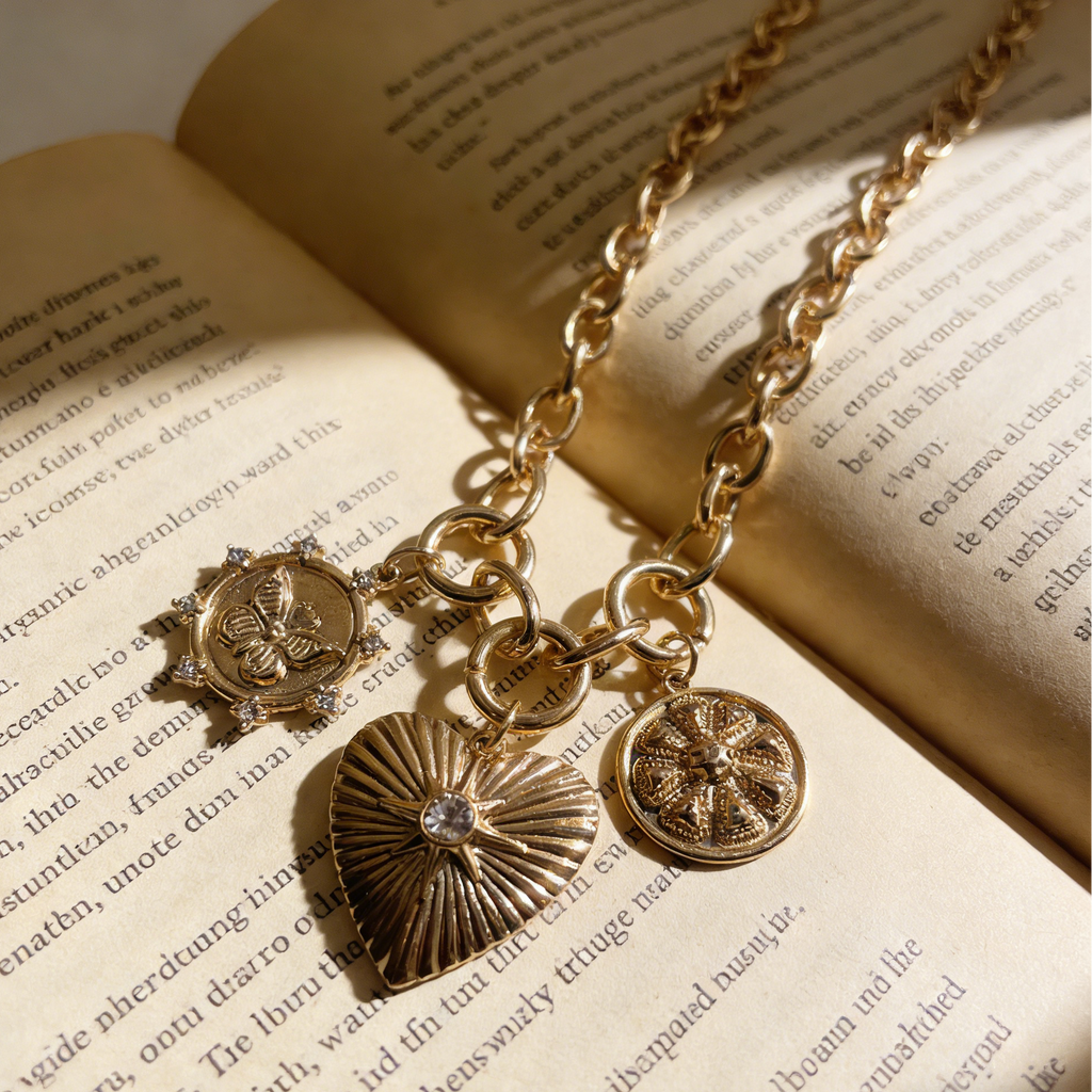 Chunky Gold Heart Medallion Necklace | Trendy Y2K Statement Choker with Coin Pendants