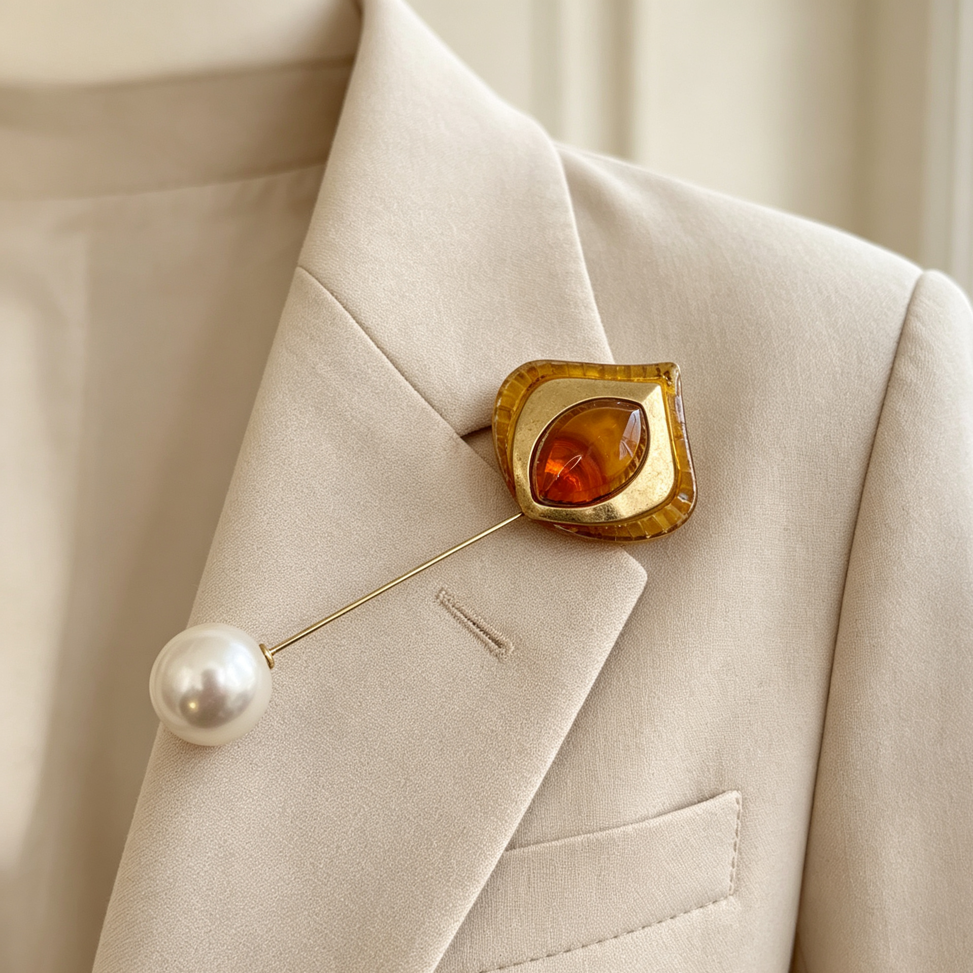 Broche alfiler vintage con perla y cristal ámbar, accesorio de moda para ropa, venta al por mayor|JI JOYA