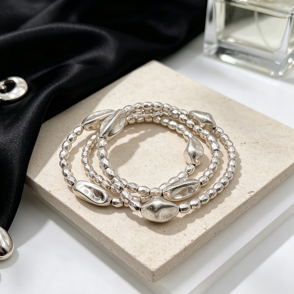 Set de 3 Pulseras Elásticas Apilables, Cuentas Irregulares de Metal, Pulseras Moda al Por Mayor|JI JOYA