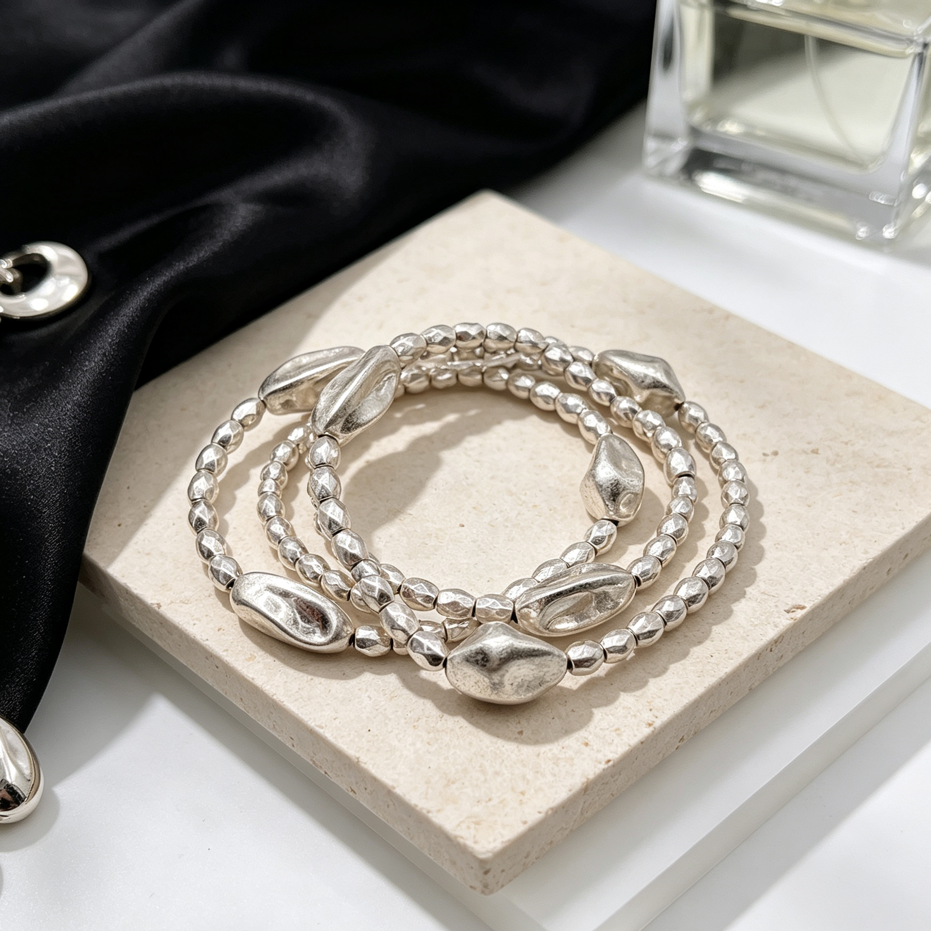 Set de 3 Pulseras Elásticas Apilables, Cuentas Irregulares de Metal, Pulseras Moda al Por Mayor|JI JOYA