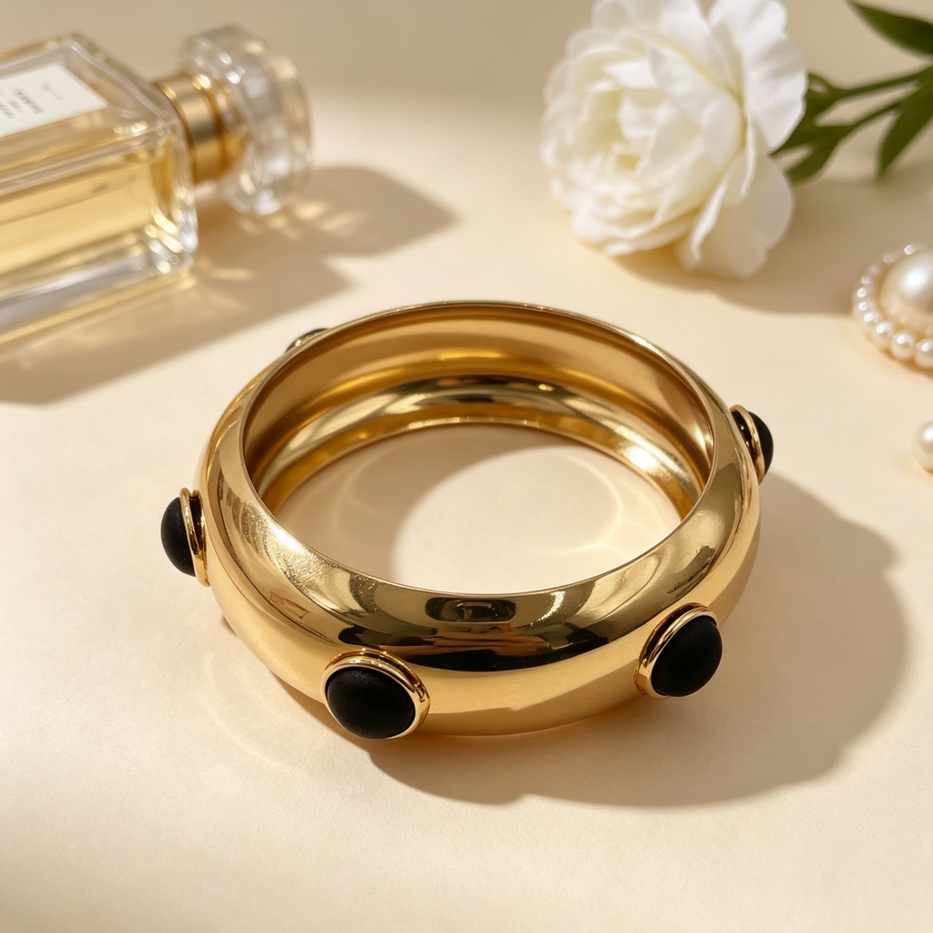 Pulsera Bangle Doble Dorada con Piedras Oscuras | Joyas de Moda Mayorista OEM|JI JOYA