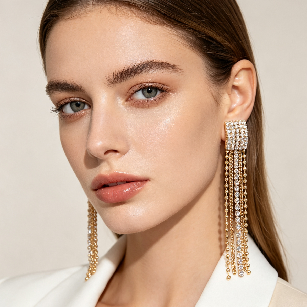 Pendientes largos de cadena con pedrería, flecos brillantes, dos colores dorado y negro, mayorista JI JOYA