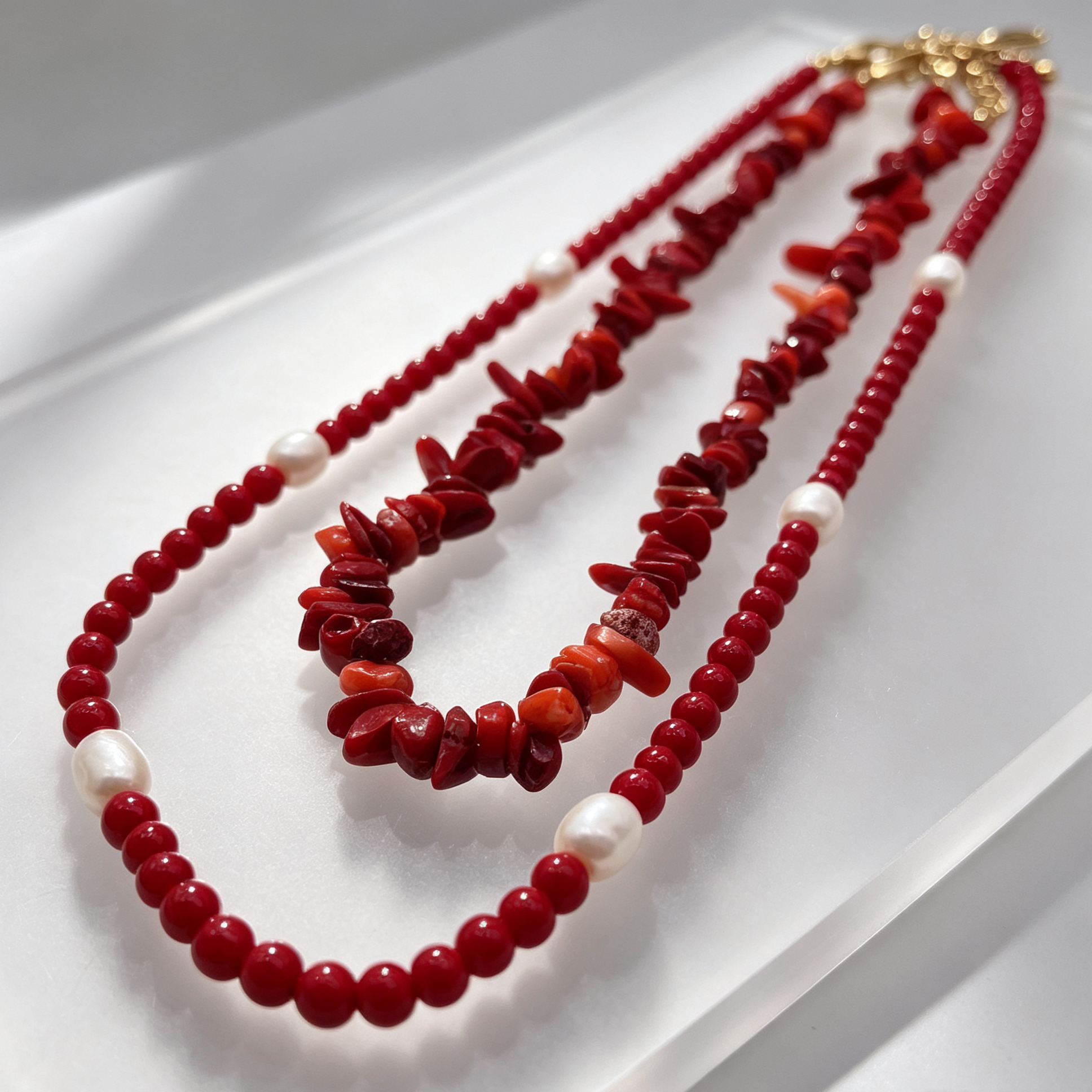 Collar Doble de Coral Rojo y Perlas Naturales, Collar Boho al Por Mayor para Mujer|JI JOYA