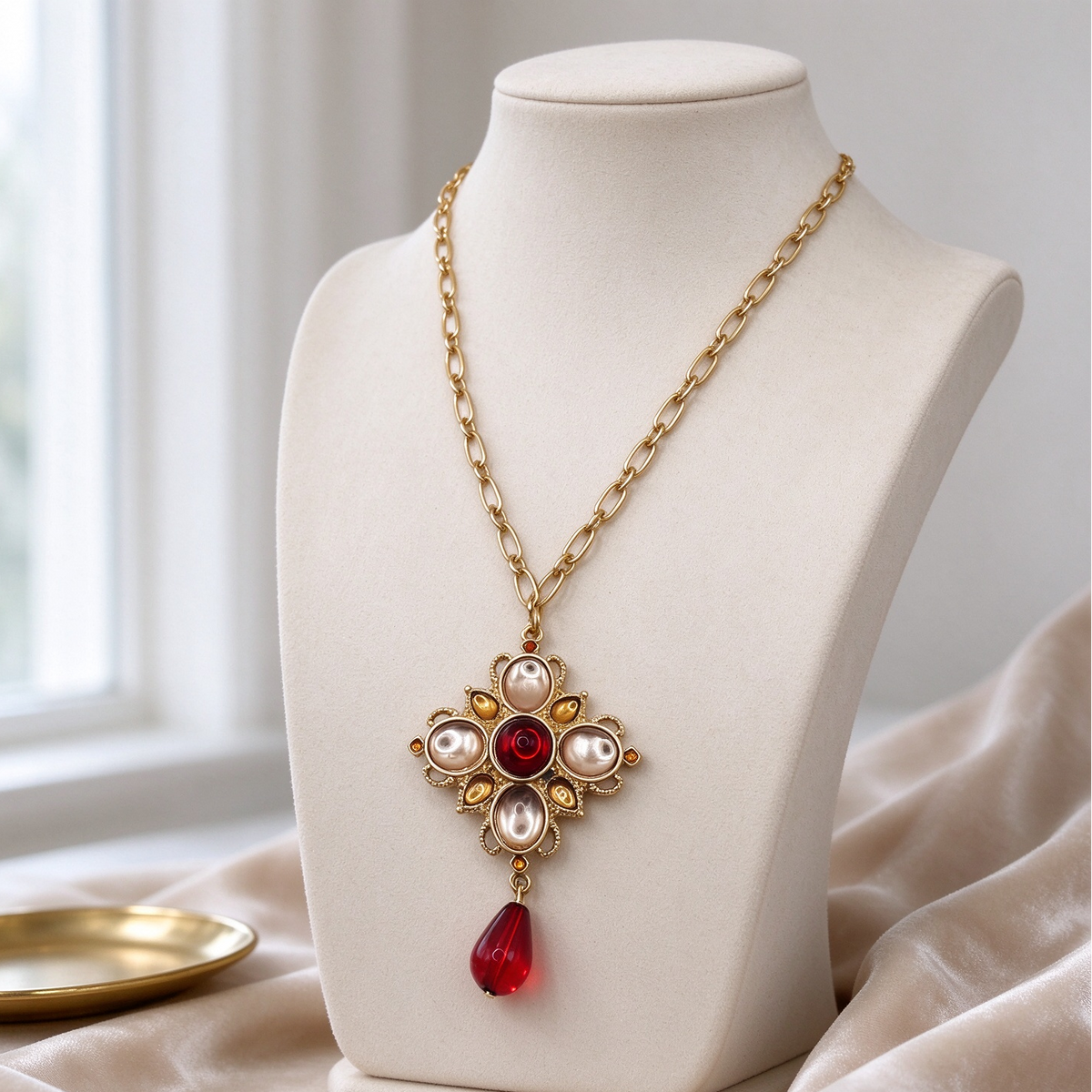 Conjunto Joyería Vintage Medieval, Collar + Pendientes Colgantes con Gota Roja, Bisutería de Lujo para Mujer, Venta al Por Mayor|JI JOYA