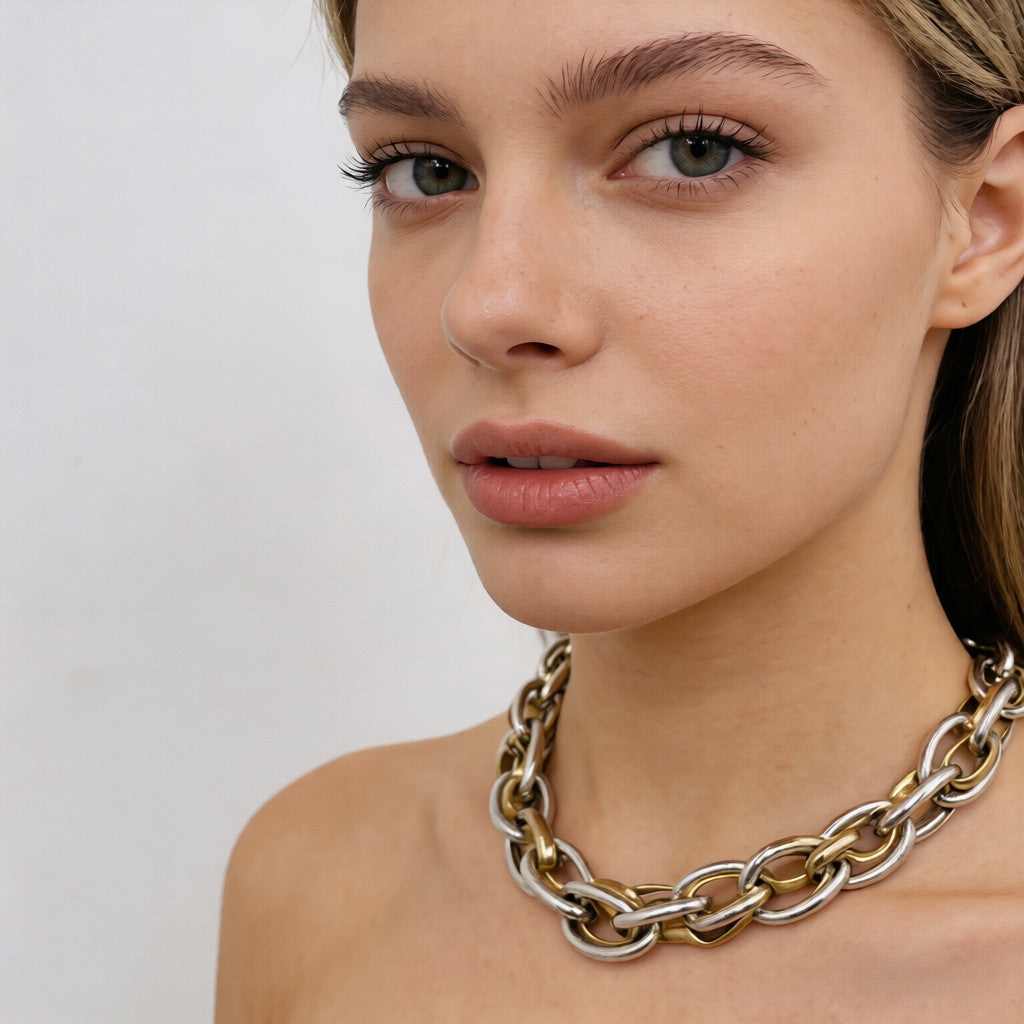 Collar de cadena gruesa bicolor oro y plata - Joyería minimalista moderna