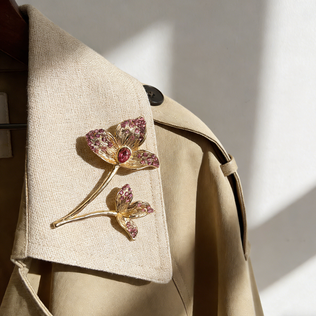 Broche floral vintage de cristal rosa | Pin llamativo en tono dorado para mujer