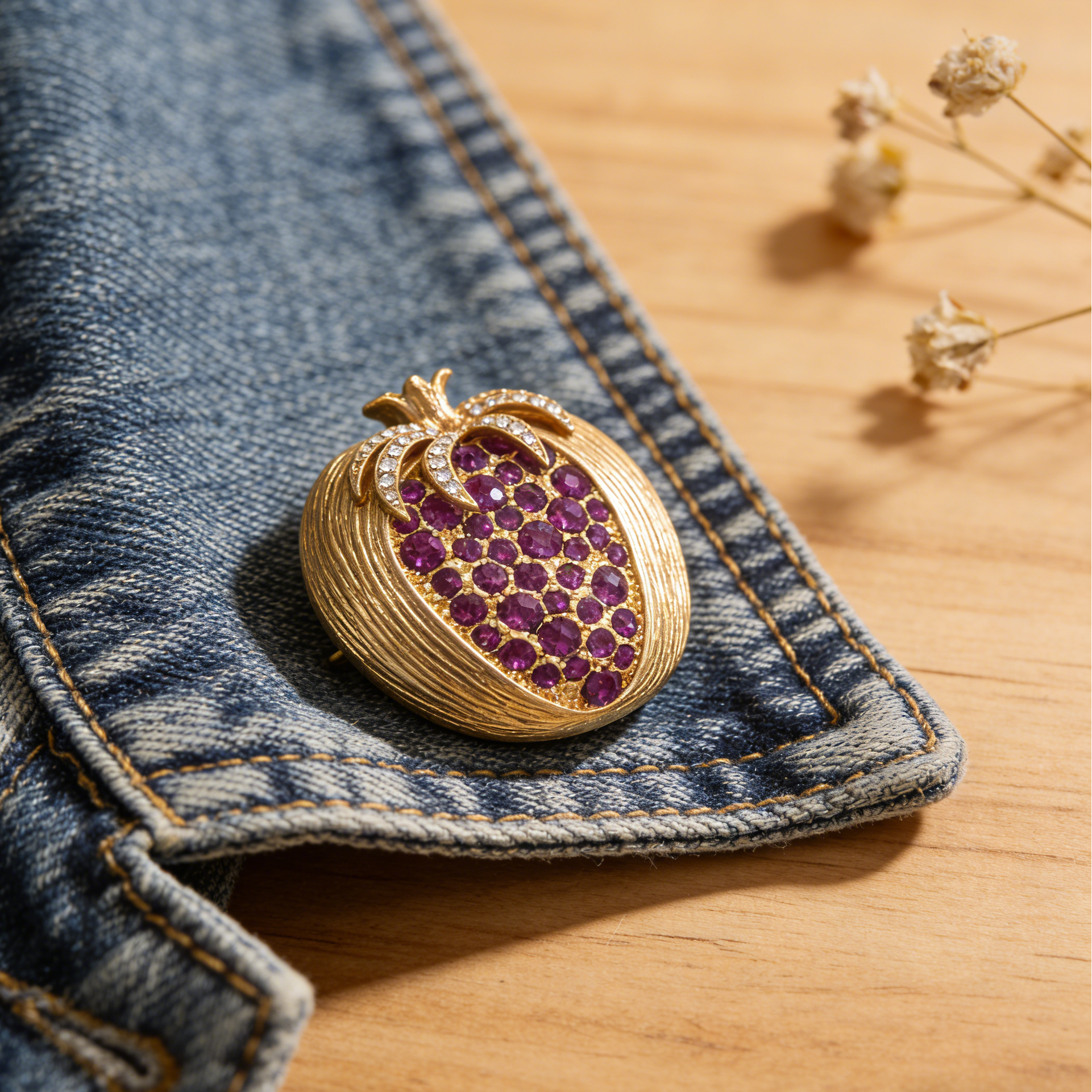 JI JEWELLERY Broche de granada vintage original, acessório de luxo para casaco e fato com zircónias roxas e vermelhas